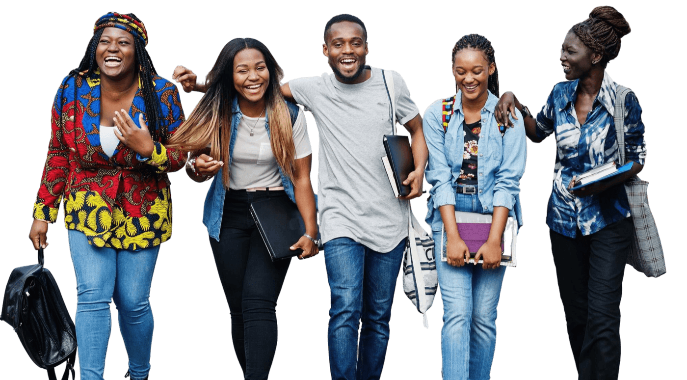 Five students laughing together, carrying laptops and notebooks